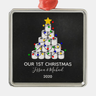 Ornement Carré Argenté Notre 1er Arbre de Noël en Papier de Toilette 2020