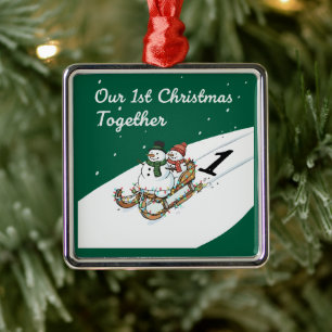 Ornement Carré Argenté Notre 1er Noël Ensemble Joli Couple de Bonhomme