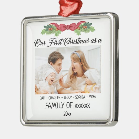 Ornement Carré Argenté Notre premier Noël en famille avec photo personnal (Gauche)