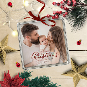 Ornement Carré Argenté Notre premier Noël en tant que maman et papa bébé