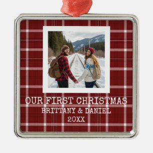Ornement Carré Argenté Notre Premier Noël Tartan Rouge