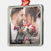 Ornement Carré Argenté Notre Première Photo De Mariage De Noël Écriture B (Gauche)