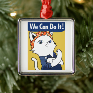 Ornement Carré Argenté Nous Pouvons Le Faire ! Chat blanc Rosie le Rivete