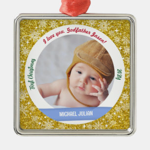 Ornement Carré Argenté Nouveau bébé garçon photo 1er Noël parrain doré