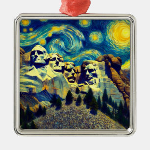 Ornement Carré Argenté Nuit étoilée Mt. Rushmore South Dakota