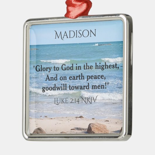 Ornement Carré Argenté Océan Bleu avec Verset de Noël Nom personnalisé (Gauche)