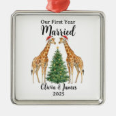 Ornement Carré Argenté Our First Year Married Goose Custom Christmas (Devant)