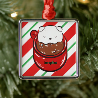 Ornement Carré Argenté Ours en chocolat chaud de Noël Cane à sucre rayure