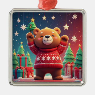Ornement Carré Argenté Ours mignon en pull de Noël