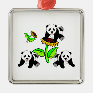 Ornement Carré Argenté Ours panda de tournesol