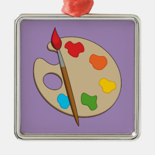 Ornement Carré Argenté Palette Artiste avec pinceau