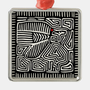 Ornement Carré Argenté Panama Kuna Indian Mola Pajaro - noir blanc