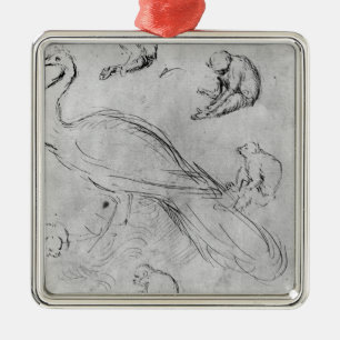 Ornement Carré Argenté Paon et six singes