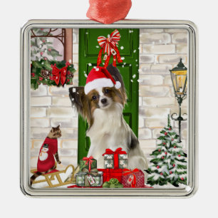 Ornement Carré Argenté Papillon Chien Noël
