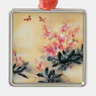 Ornement Carré Argenté Papillons au printemps