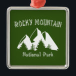 Ornement Carré Argenté Parc national des Rocheuses<br><div class="desc">Le parc national Rocky Mountain dans le nord du Colorado s'étend sur la ligne de partage continentale et englobe des montagnes protégées,  des forêts et la toundra alpine !</div>
