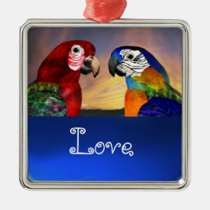 Ornement Carré Argenté PARROTS HYPER / BLEUE ET ROUGE ARA Sapphire Aimer