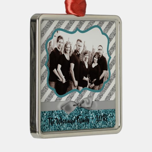 Ornement Carré Argenté Parties scintillant bleue de Noël personnalisée (Droite)