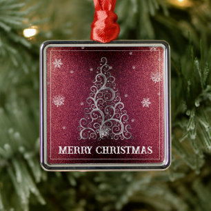 Ornement Carré Argenté Parties scintillant d'arbre de Noël et flocons de