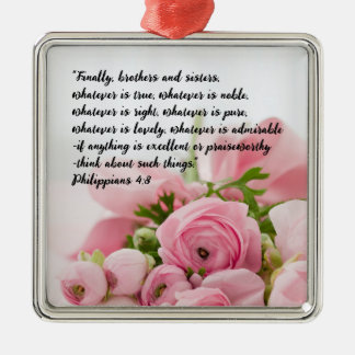 Ornement Carré Argenté Pastel Pink Flowers Bible Verse