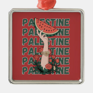 Ornement Carré Argenté pastèque, fleurs et texte Palestine Répéter 