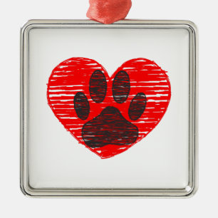 Ornement Carré Argenté Paw Chien Croquis Dans Le Coeur Rouge