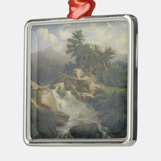 Ornement Carré Argenté Paysage de forêt avec la cascade (Gauche)