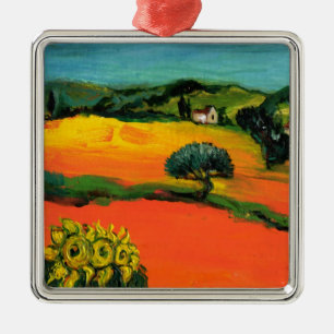 ORNEMENT CARRÉ ARGENTÉ PAYSAGE DE TOSCANE AVEC TOURNESOLS