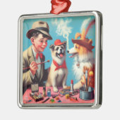 Ornement Carré Argenté Peinture à l'huile rétro Chiens heureux (Gauche)