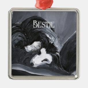 Ornement Carré Argenté Peinture personnalisée de Border Collie couché