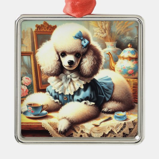 Ornement Carré Argenté Peinture vintage de caniche (Devant)
