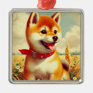 Ornement Carré Argenté Peinture vintage Shiba Inu