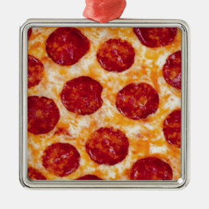 Ornement Carré Argenté Pepperoni Pizza Hot et Yummy!