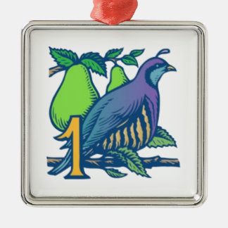Ornement Carré Argenté Perdrix dans un poirier
