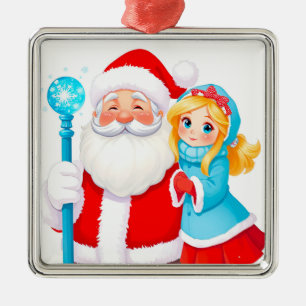 Ornement Carré Argenté Père Noël avec la jeune fille des neiges en tenue