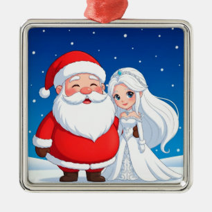 Ornement Carré Argenté Père Noël embrassant une Reine des Neiges