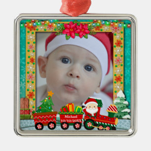 Ornement Carré Argenté Père Noël en train et photo mignonne de Noël