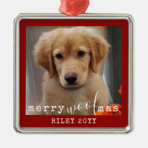 Ornement Carré Argenté Personalized Dog Photo Merry WoofMas Rustic Red