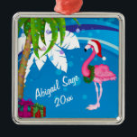 Ornement Carré Argenté Personalized Pink Santa Flamingo Beach Christmas<br><div class="desc">This tropical holiday Christmas tree ornament features palm trees decorated with Christmas lights and a flamingo wearing a Santa hat set against a cool blue and white abstract beach background. It can be personalized with a name, year or any text that you wish to add. Some graphics by artwork&@delightful-doodles.com *...</div>