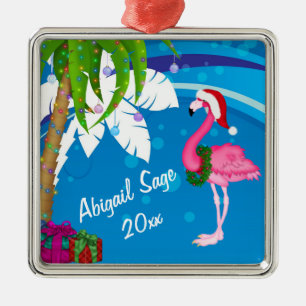 Ornement Carré Argenté Personalized Pink Santa Flamingo Beach Christmas