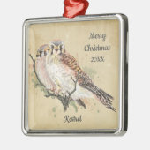 Ornement Carré Argenté Personnalisé Date Noël Aquarelle Kestrel, Faucon (Gauche)