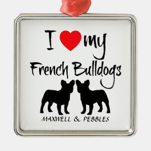 Ornement Carré Argenté Personnalisé J'Aime Mes Bulldogs Français