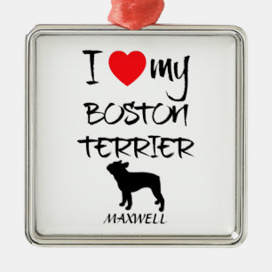 Ornement Carré Argenté Personnalisé J'Aime Mon Boston Terrier