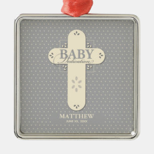 Ornement Carré Argenté Personnaliser, Dédication bébé Crème et Croix