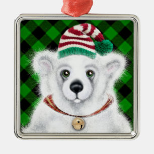 Ornement Carré Argenté Petit bébé ours polaire de Noël, petit ours de Pèr