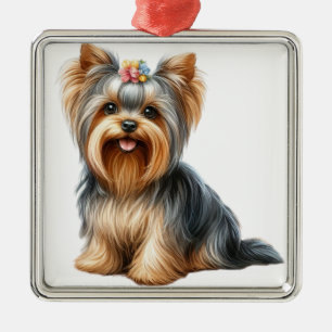 ORNEMENT CARRÉ ARGENTÉ PETIT CHIEN À COULEUR D'EAU YORKSHIRE TERRIER PUPP
