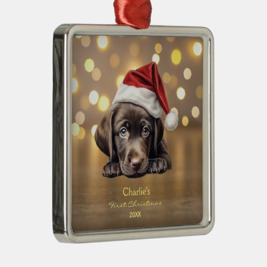 Ornement Carré Argenté Petit Labrador Retriever Chien Santa Hat Noël (Droite)