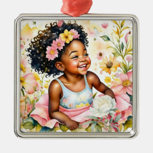 Ornement Carré Argenté Petite Fille aux Fleurs Roses Noël