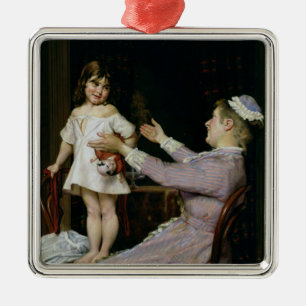 Ornement Carré Argenté Petite fille avec une poupée et son infirmière,