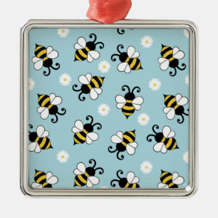 Ornement Carré Argenté Petites abeilles mignonnes et fleurs marguerites m